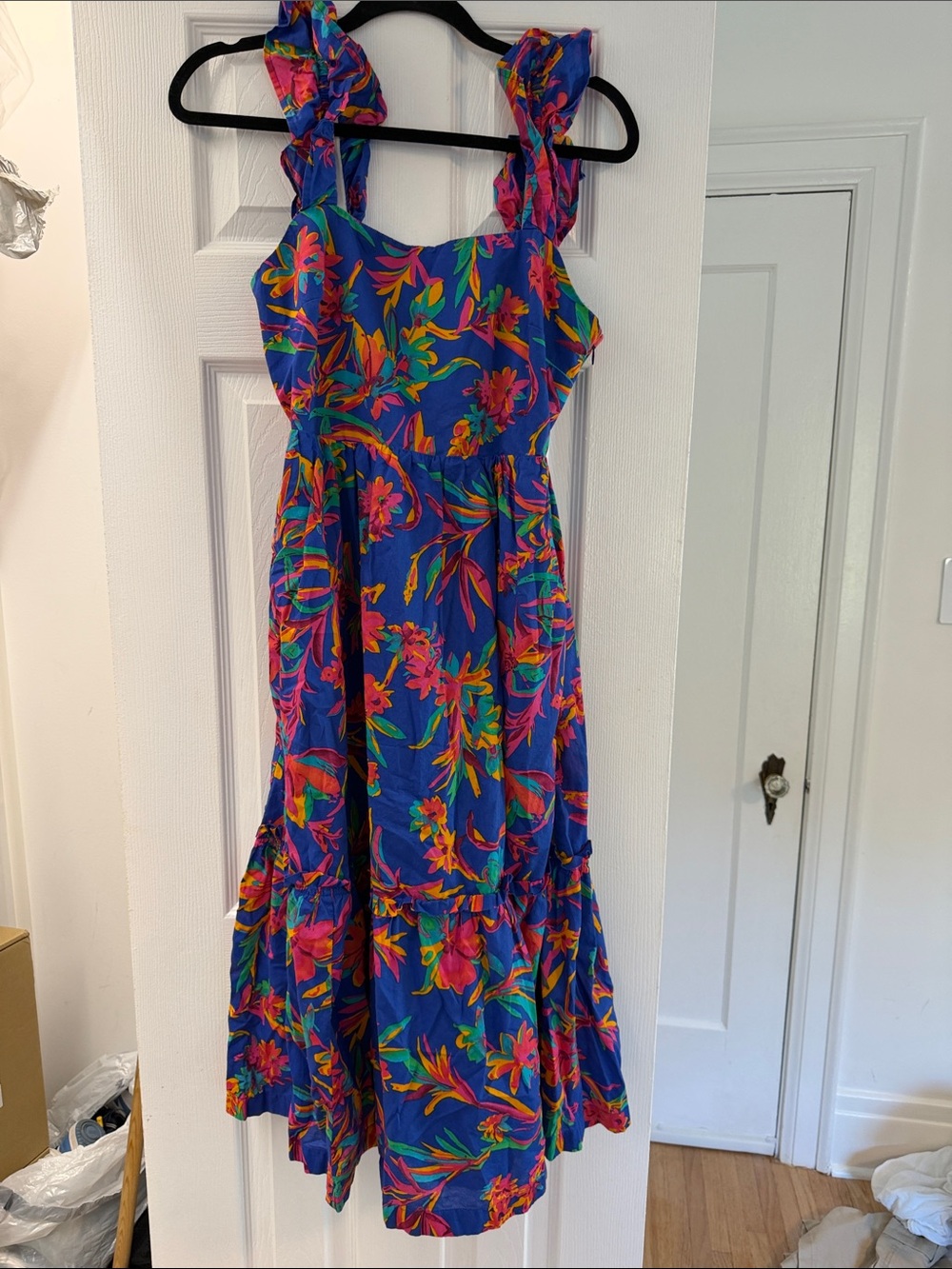 J. Crew Factory Blue Floral Midi Dress with Ruffle Straps